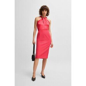 Hugo Boss Coral Pink Satin Datinar Twist Neck Dress NWT $595, Size 14 NWT!